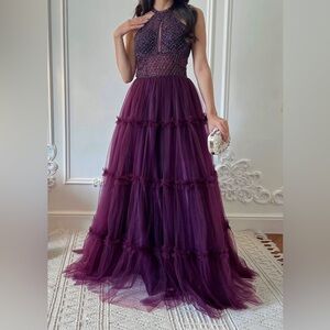 Ethereal plum beaded halter neck prom dress